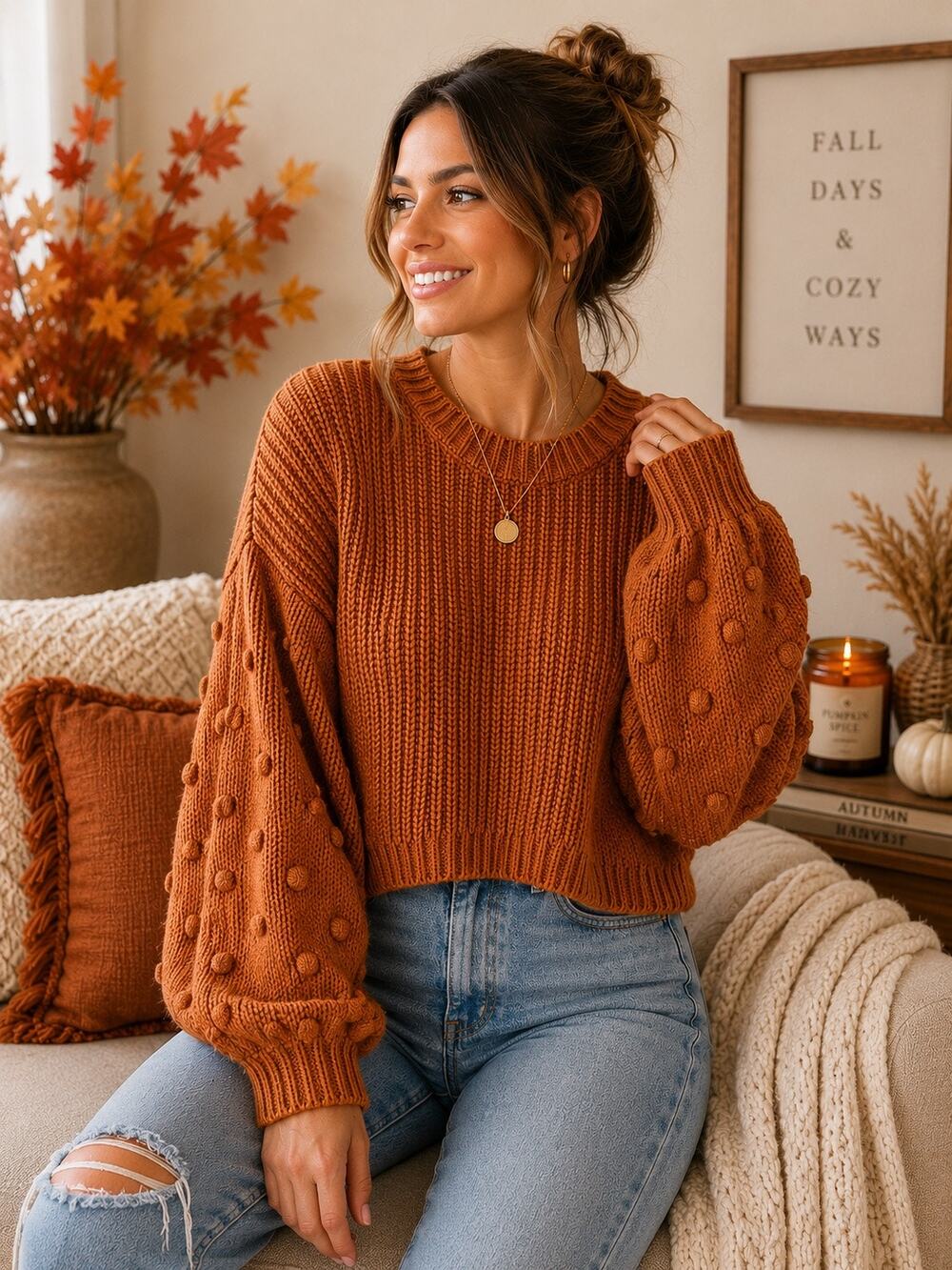 Moon & Madison Terracotta Bubble Sleeve Chunky Knit Sweater Small Boho Cozy